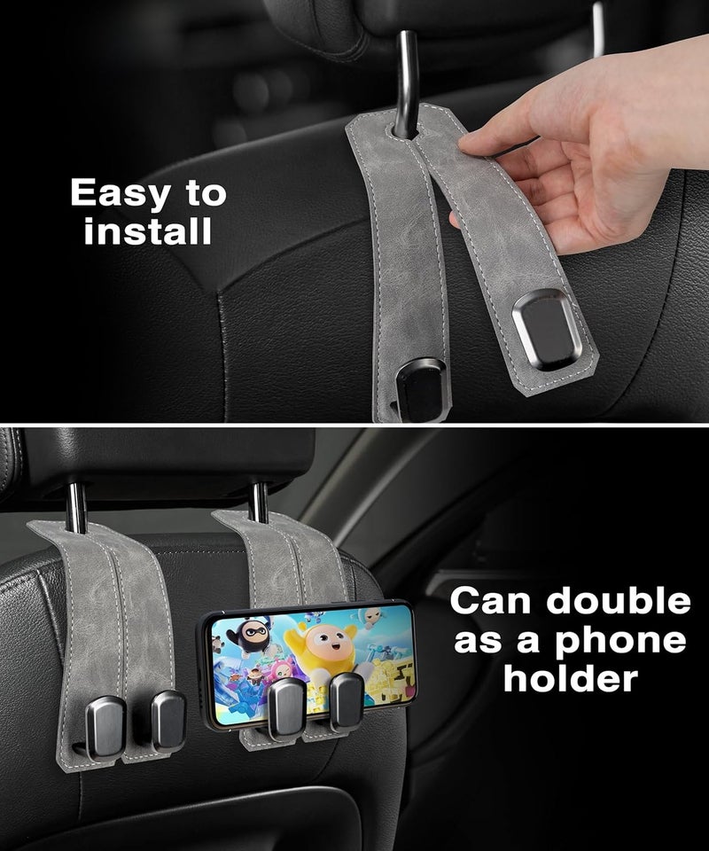 VETERBONE Car Purse Holder - Luxurious Leather, 4PCS Headrest Hooks with 100% Metal Hangers for Seat, Multifunctional Car Bag Hooks, Grey - Image 5